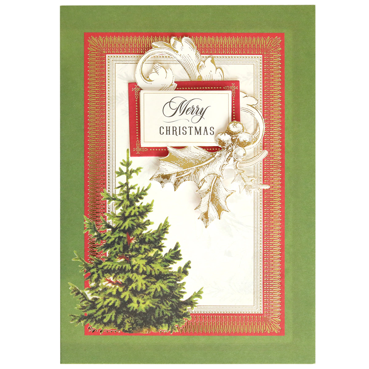 Create a festive greeting with the Folded Christmas Tree Card Making Kit—this handmade card features "Merry Christmas" text, elegant gold holly accents, a striking green folded Christmas tree, and a cheerful red border on a vibrant green background. It's the perfect choice for anyone who loves unique folded Christmas tree cards!.