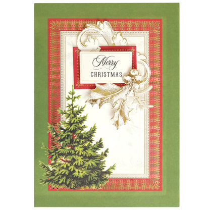 Create a festive greeting with the Folded Christmas Tree Card Making Kit—this handmade card features "Merry Christmas" text, elegant gold holly accents, a striking green folded Christmas tree, and a cheerful red border on a vibrant green background. It's the perfect choice for anyone who loves unique folded Christmas tree cards!.