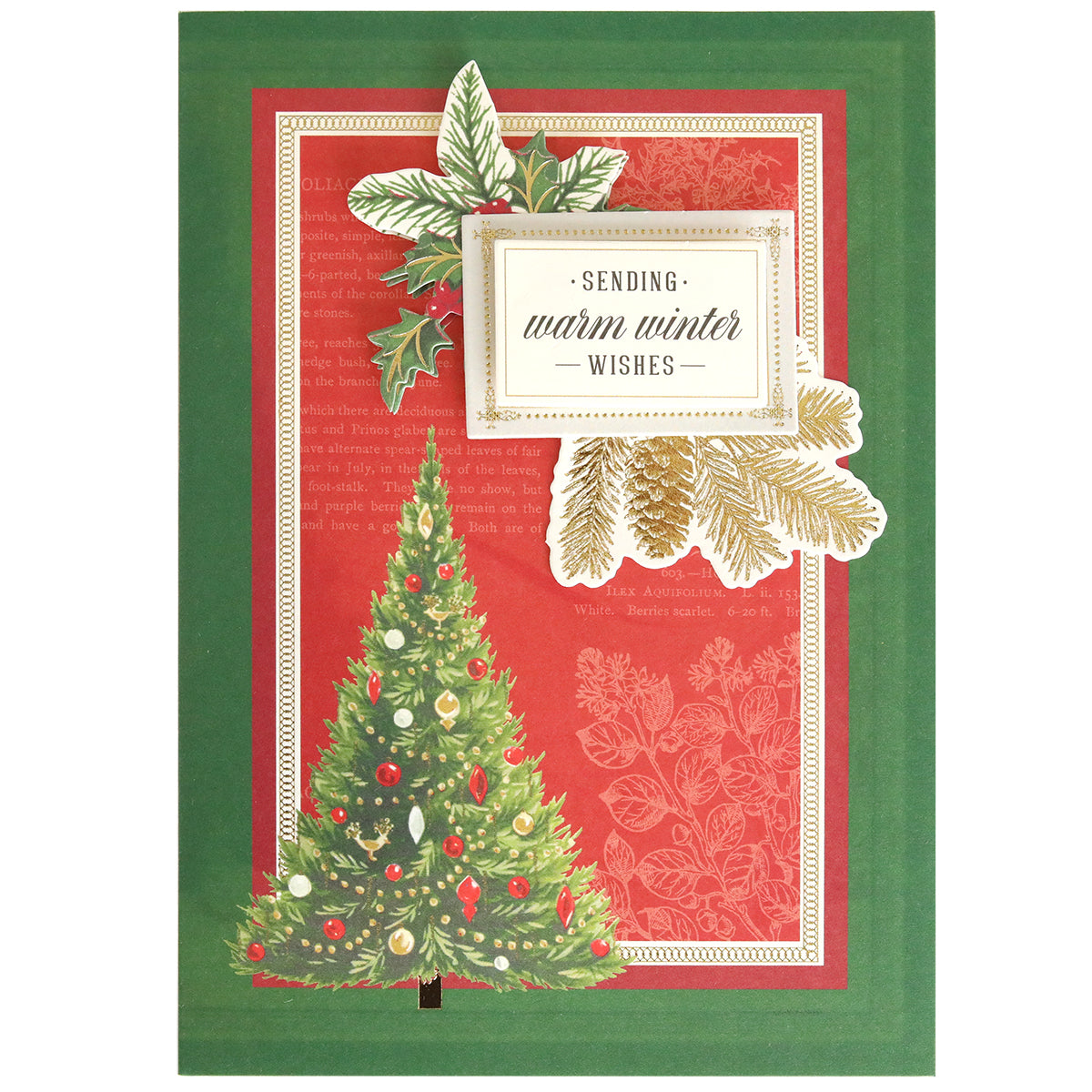 Send heartfelt holiday greetings with the Folded Christmas Tree Card Making Kit, featuring a festive red background, green border, and a decorated tree design. The kit includes all you need to craft a handmade Christmas card adorned with pinecone and holly illustrations and the message "Sending warm winter wishes"—ideal for anyone who appreciates DIY holiday cards.