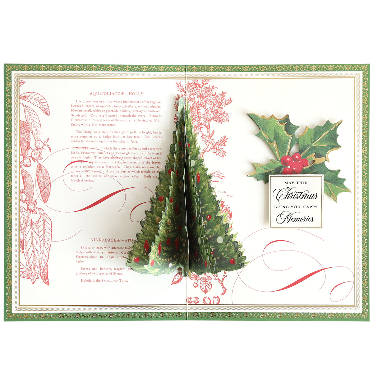 Create a unique card with the Folded Christmas Tree Card Making Kit, which includes materials to craft a pop-up card featuring a 3D Christmas tree, festive holly illustrations, and a heartfelt greeting that says, "May this Christmas bring you happy memories," along with decorative holly text in the background. Ideal for anyone who loves folded Christmas tree cards or enjoys making their own handmade holiday greetings.