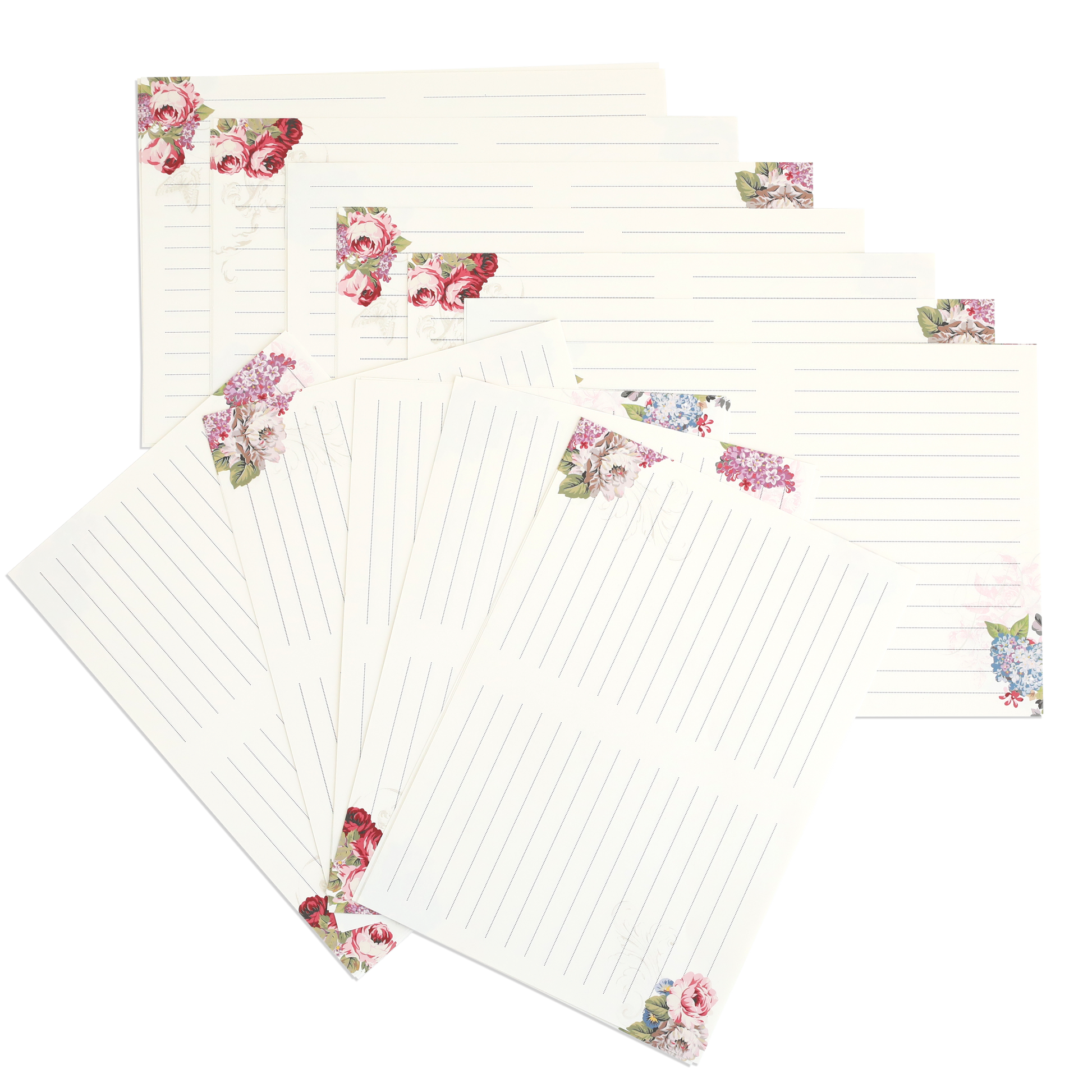 Seven Gratitude Journal Pages with floral corner designs, ideal as pre-printed or insert pages for your journal, displayed fanned out on a white background.