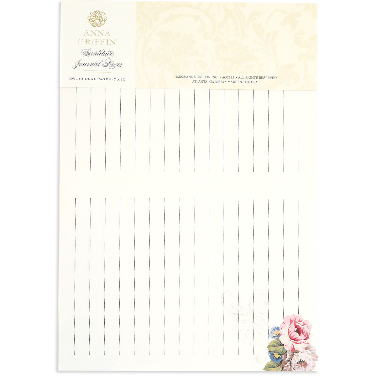Gratitude Journal Pages feature lined sheets with a floral motif in the bottom right corner and "Anna Griffin" branding at the top—ideal as pre-printed journal pages or elegant inserts for your journal collection.