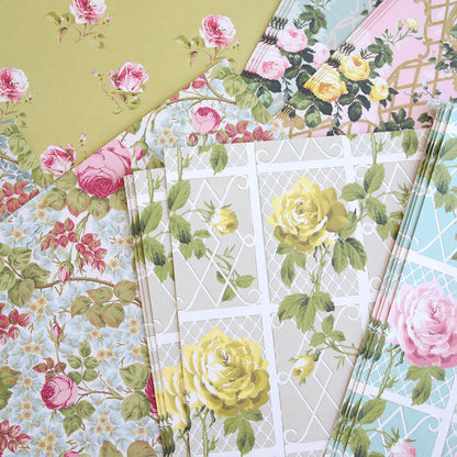 The Rose Cardstock Collection features assorted double-sided pastel sheets with floral and lattice designs—perfect for scrapbooking and paper crafts.