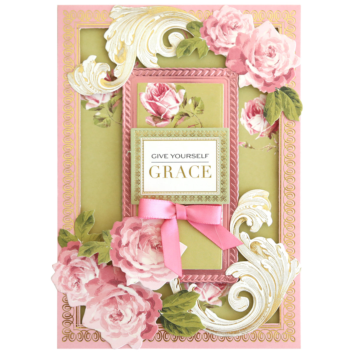The Rose Cardstock Collection features a decorative greeting card with pink flowers, gold accents, and a pink ribbon on double-sided cardstock for scrapbooking or crafts, displaying “GIVE YOURSELF GRACE” at the center.