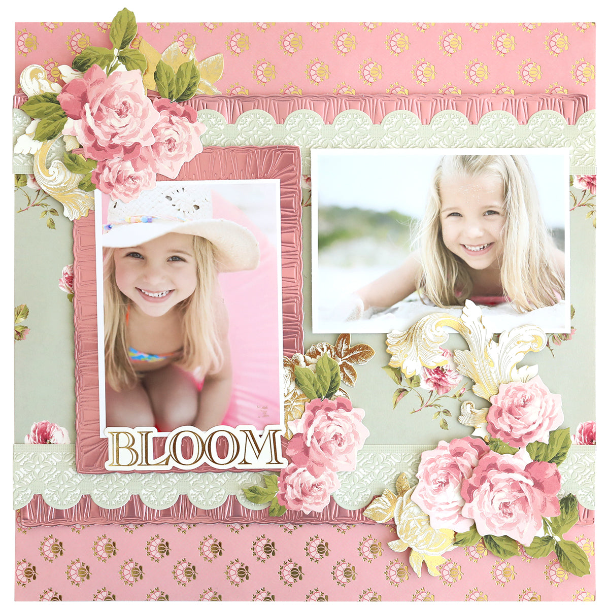 A scrapbook page made with the Rose Cardstock Collection features two photos of a smiling young girl, pink and cream floral accents, double-sided cardstock details, and "BLOOM" in bold letters—a charming pick for your crafts.
