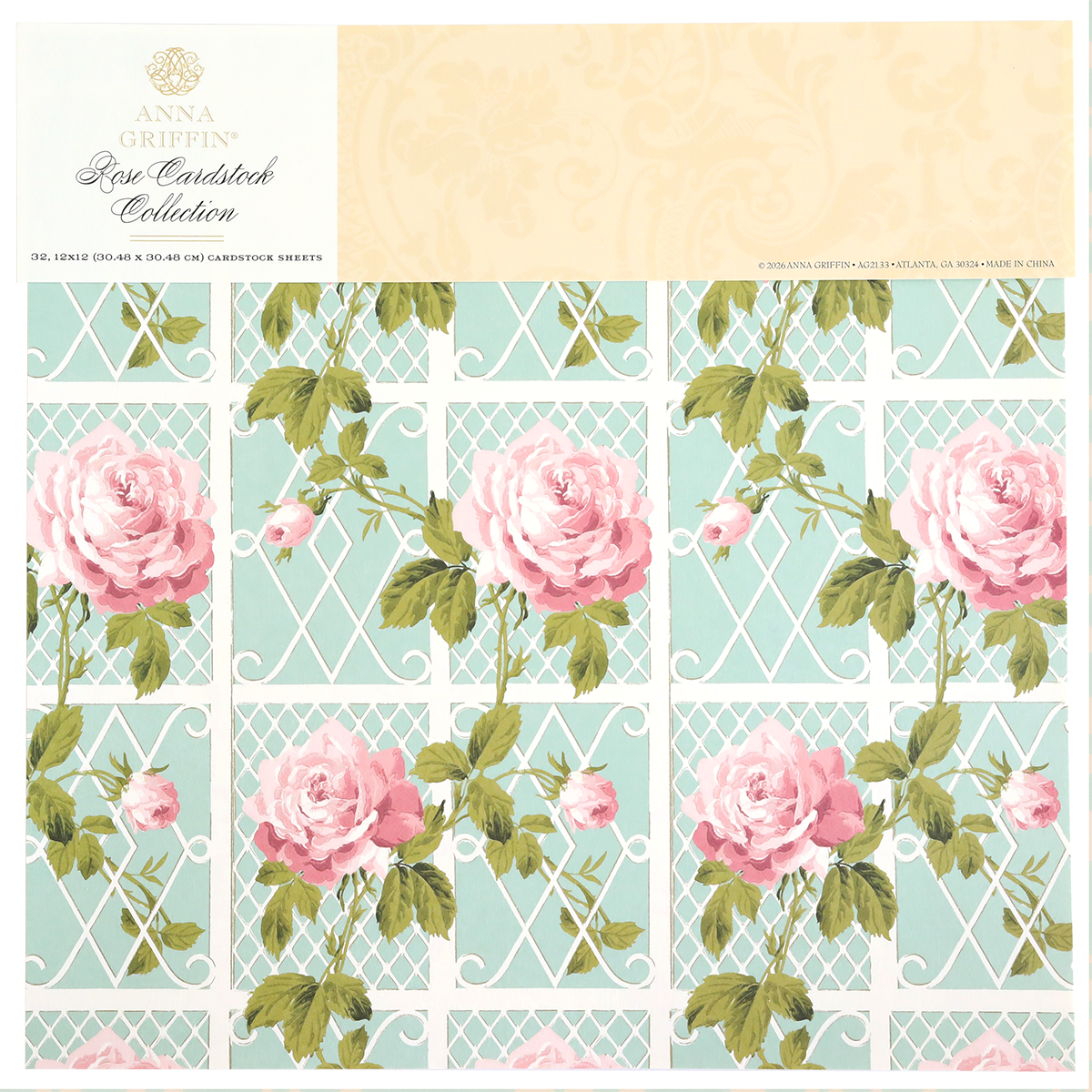Double-sided cardstock with large pink roses and green leaves on a light blue, white trellis background. Ideal for paper crafts or scrapbooking. Features "Rose Cardstock Collection" branding at the top.