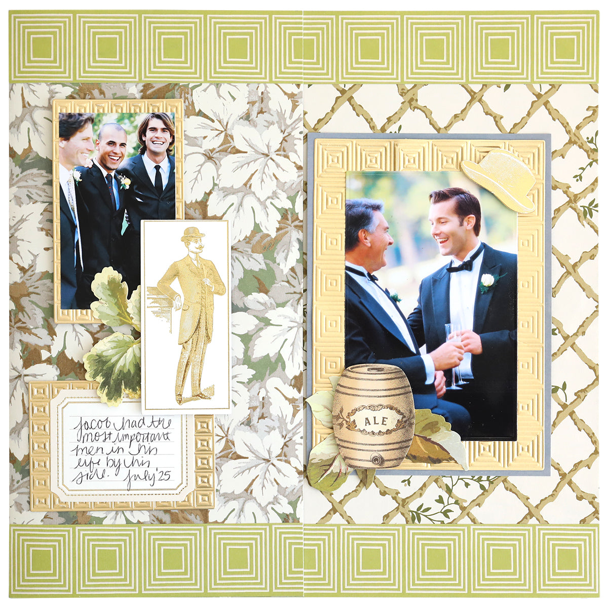 Scrapbook page with two photos of men in suits smiling at an outdoor event, featuring floral and geometric backgrounds crafted from Jack Double Sided Cardstock, along with an illustration of a man, handwritten notes, die cut embellishments from the Jack Embellishments set, and a drawing of an ale barrel.