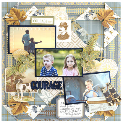 A scrapbook page created with the Jack Double Sided Cardstock and Embellishments showcases vintage and nature-inspired designs. The layout displays photos of two children, a man and child at sunset, a dog, and handwritten notes about courage and learning. Charming die cut embellishments from the collection add an extra touch of detail to this thoughtfully arranged memory.