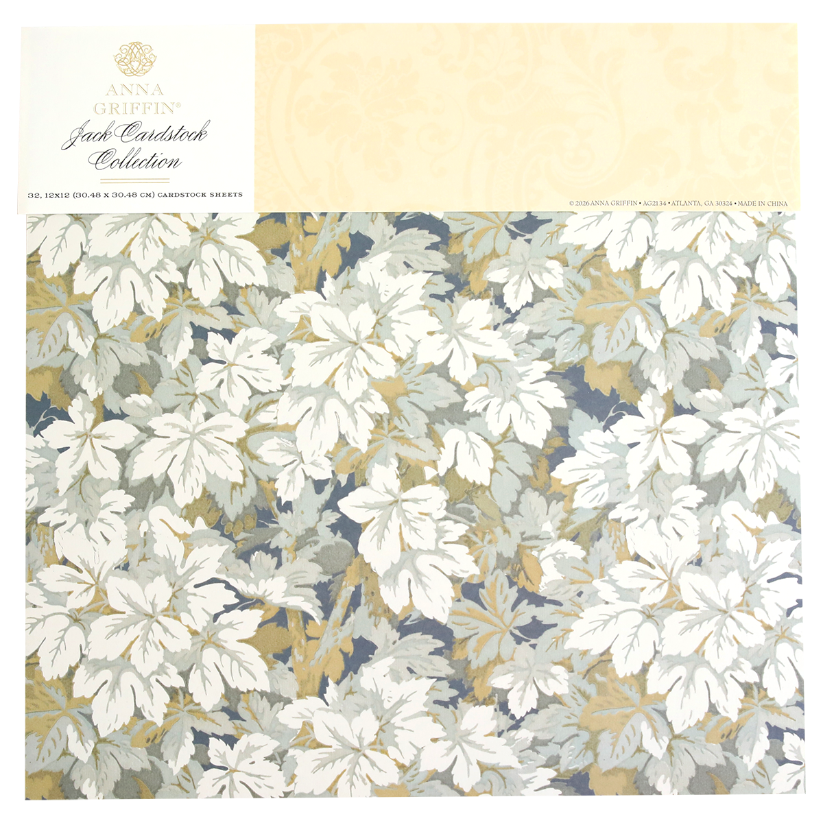 Elegant 12x12 double-sided sheet from the Jack Cardstock Collection, featuring botanical white and green leaves on a blue and beige background—ideal for sophisticated scrapbook projects.