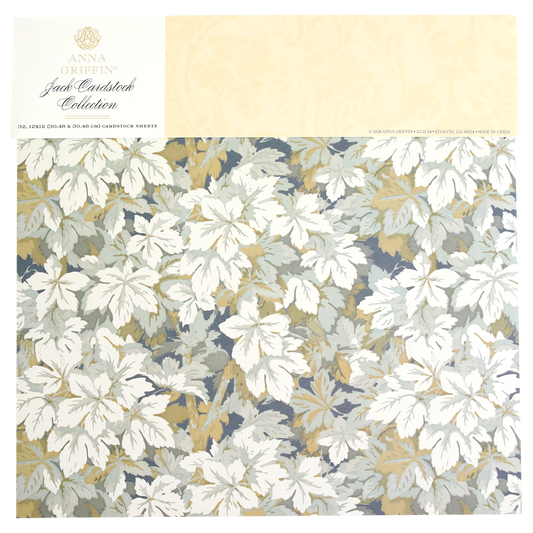 Elegant 12x12 double-sided sheet from the Jack Cardstock Collection, featuring botanical white and green leaves on a blue and beige background—ideal for sophisticated scrapbook projects.