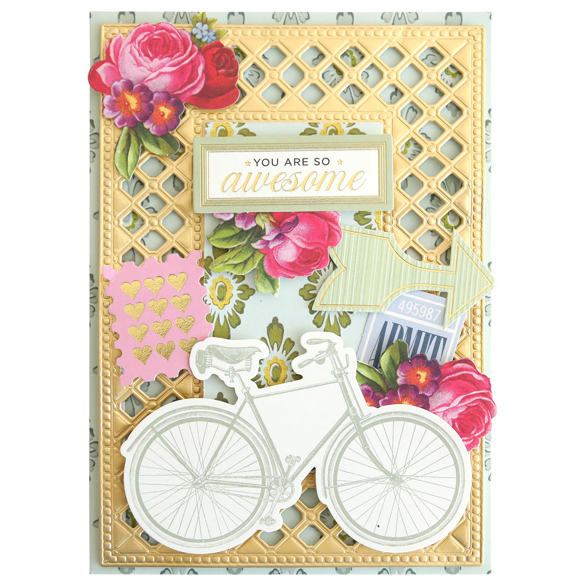 Experience the artistry of layered paper crafts with this decorative card, featuring floral patterns, a white bicycle illustration, gold lattice accents, and charming pink and gold hearts. The centerpiece is a sign reading “You are so awesome” at the top center. Crafted on a 12″ x 12″ base using the Charlie Double Sided 12x12 Cardstock Collection, this design highlights added dimension and elegance with premium double-sided cardstock.