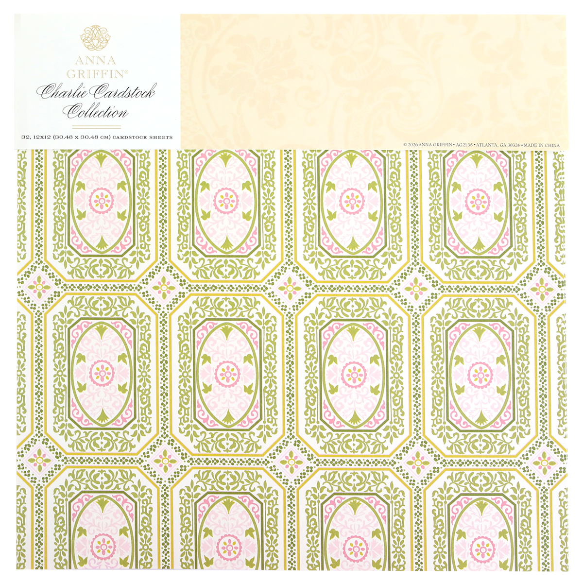 Decorative 12″ x 12″ cardstock sheet featuring green and pink ornate geometric and floral patterns, from the “Charlie Double Sided 12x12 Cardstock Collection.” This double-sided cardstock is ideal for layered paper crafts and brings elegant charm to any project.
