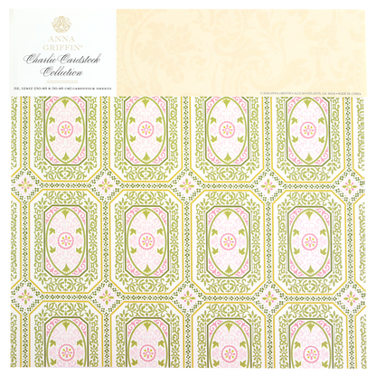 Decorative 12″ x 12″ cardstock sheet featuring green and pink ornate geometric and floral patterns, from the “Charlie Double Sided 12x12 Cardstock Collection.” This double-sided cardstock is ideal for layered paper crafts and brings elegant charm to any project.