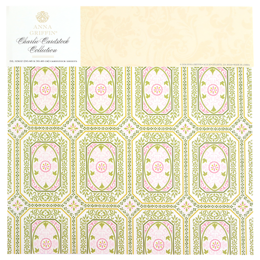 Ornate 12x12 cardstock sheet with green and pink geometric and floral patterns, ideal for layered paper crafts, from the Charlie Cardstock Collection.
