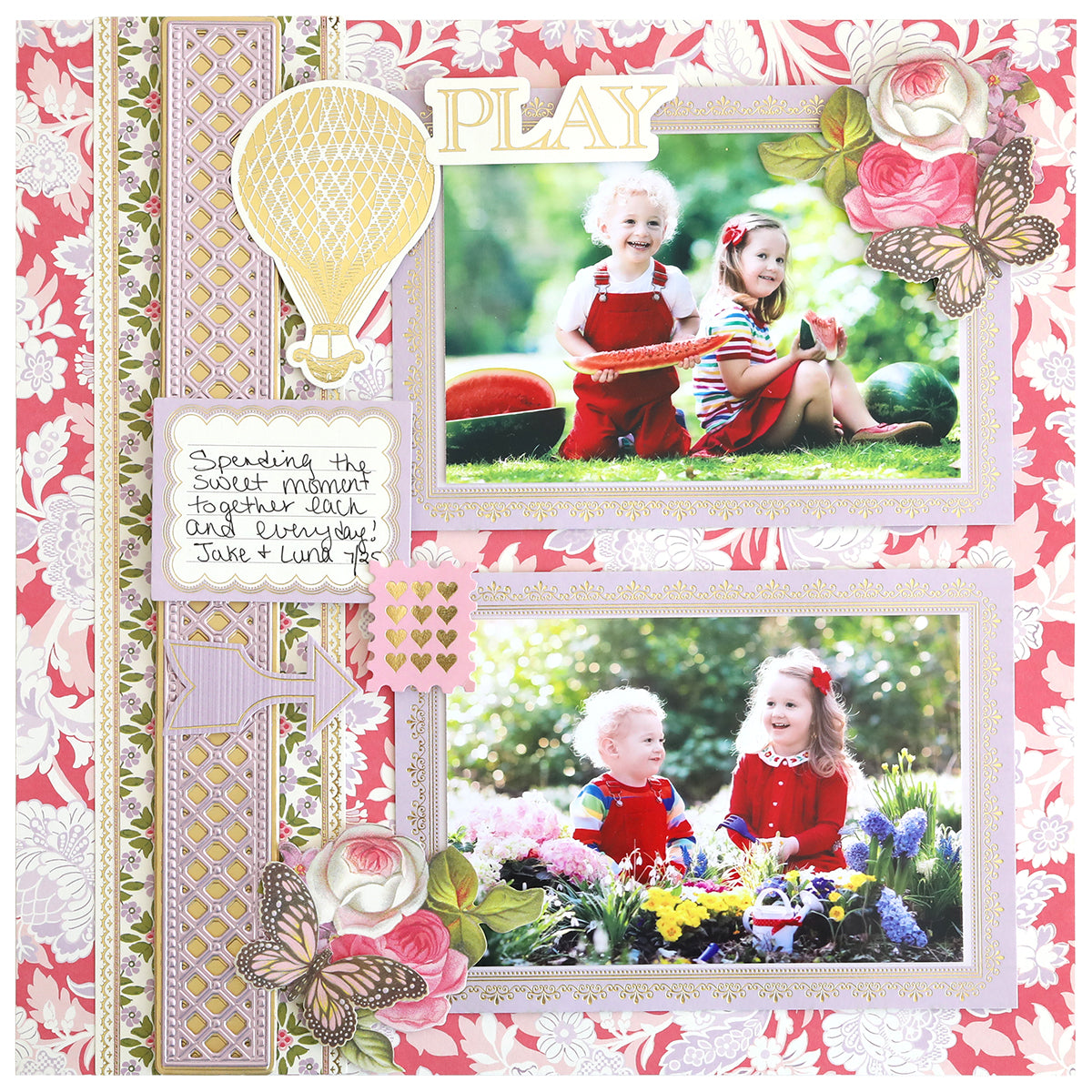 A decorative scrapbook page uses Timeless Photo Mats and Card Layers to frame two photos of children playing outdoors, accented with floral, butterfly, and hot air balloon embellishments plus handwritten notes on the left for a playful, layered look.