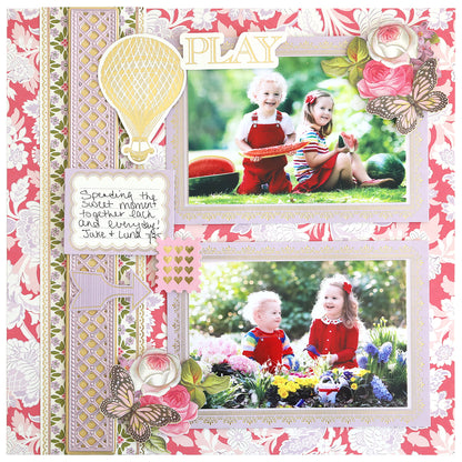 A decorative scrapbook page uses Timeless Photo Mats and Card Layers to frame two photos of children playing outdoors, accented with floral, butterfly, and hot air balloon embellishments plus handwritten notes on the left for a playful, layered look.