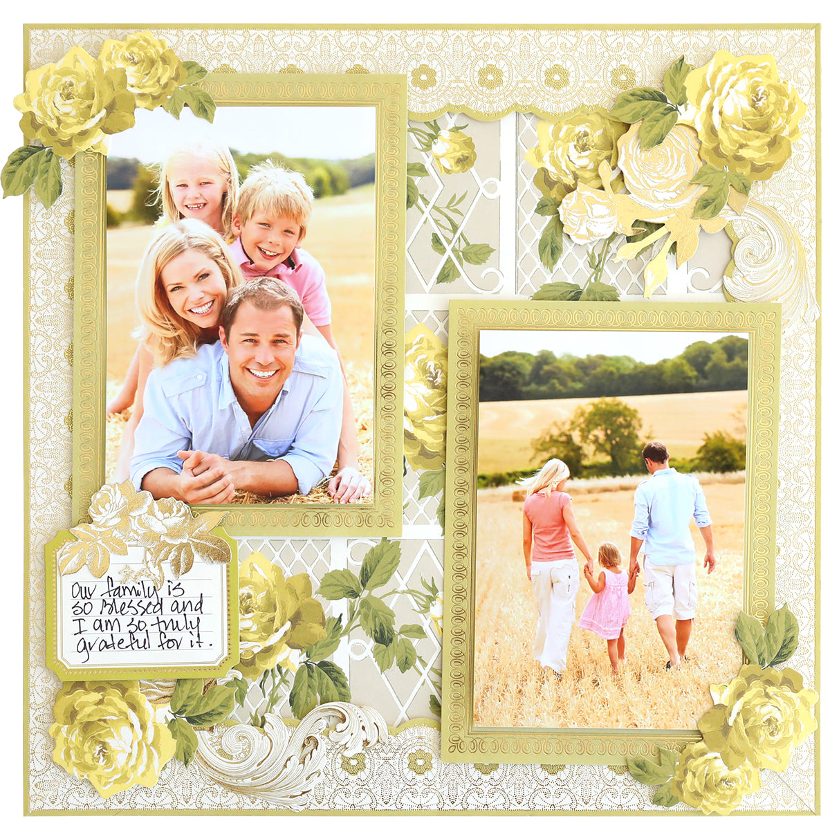 A scrapbook page featuring two family photos in Timeless Photo Mats and Card Layers, decorated with yellow flowers and a handwritten note: "Our family is so blessed and I am so truly grateful for it.