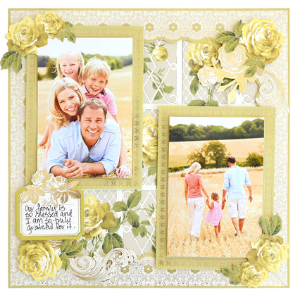 A scrapbook page featuring two family photos in Timeless Photo Mats and Card Layers, decorated with yellow flowers and a handwritten note: "Our family is so blessed and I am so truly grateful for it.