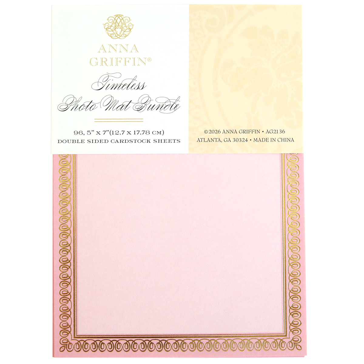 A package of Timeless Photo Mats and Card Layers includes pink and gold decorative 5" x 7" cardstock sheets, ideal for scrapbook pages, photo mats, or card layers. Each sheet is labeled with product and company details.