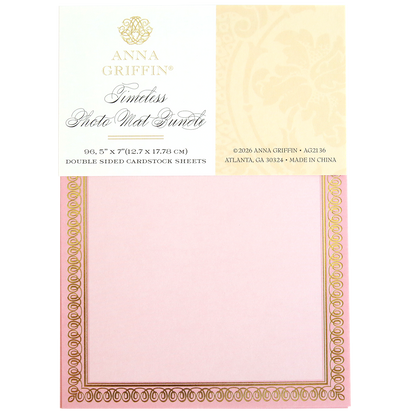 A package of Timeless Photo Mats and Card Layers includes pink and gold decorative 5" x 7" cardstock sheets, ideal for scrapbook pages, photo mats, or card layers. Each sheet is labeled with product and company details.