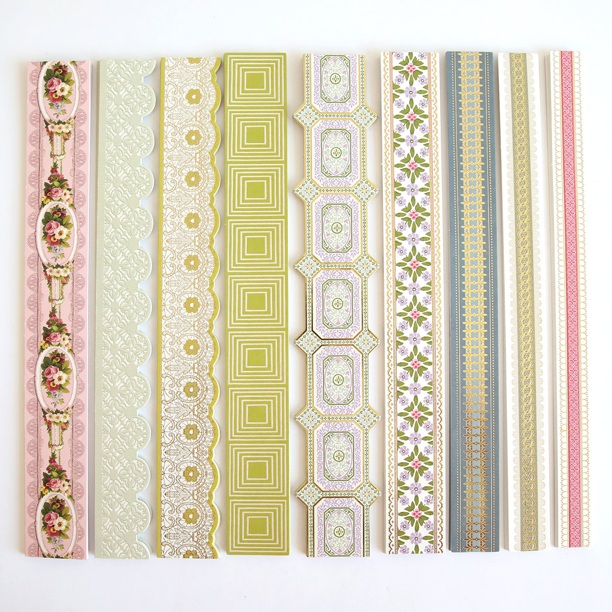 Timeless Border Stickers include 12 decorative paper strips with floral, geometric, and lace patterns in pink, green, gold, white, and blue—ideal scrapbook supplies for adding elegant borders to your creative projects.