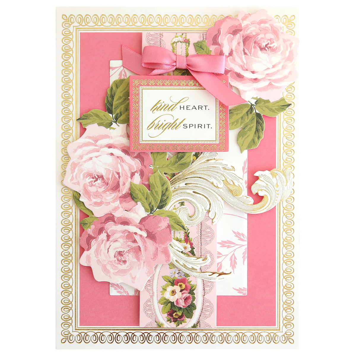 Timeless Border Stickers feature pink and white florals, gold accents, a pink ribbon, decorative borders, and "kind heart, bright spirit" text. Perfect for enhancing your favorite scrapbook supplies.