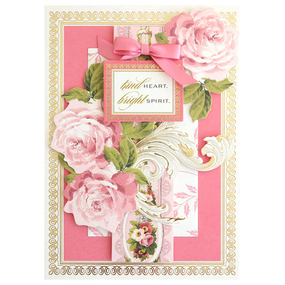 Timeless Border Stickers feature pink and white florals, gold accents, a pink ribbon, decorative borders, and "kind heart, bright spirit" text. Perfect for enhancing your favorite scrapbook supplies.