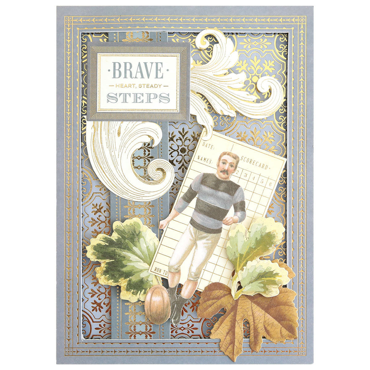 Timeless Border Stickers feature vintage illustrations—man in a striped shirt, scoreboard, oak leaves, acorn, and gold “Brave Heart, Steady Steps” text—perfect for scrapbooking or adding elegant decorative borders.