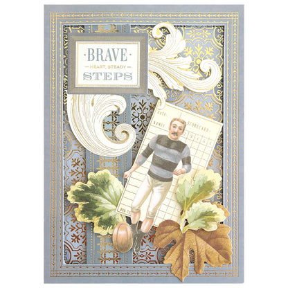 Timeless Border Stickers feature vintage illustrations—man in a striped shirt, scoreboard, oak leaves, acorn, and gold “Brave Heart, Steady Steps” text—perfect for scrapbooking or adding elegant decorative borders.