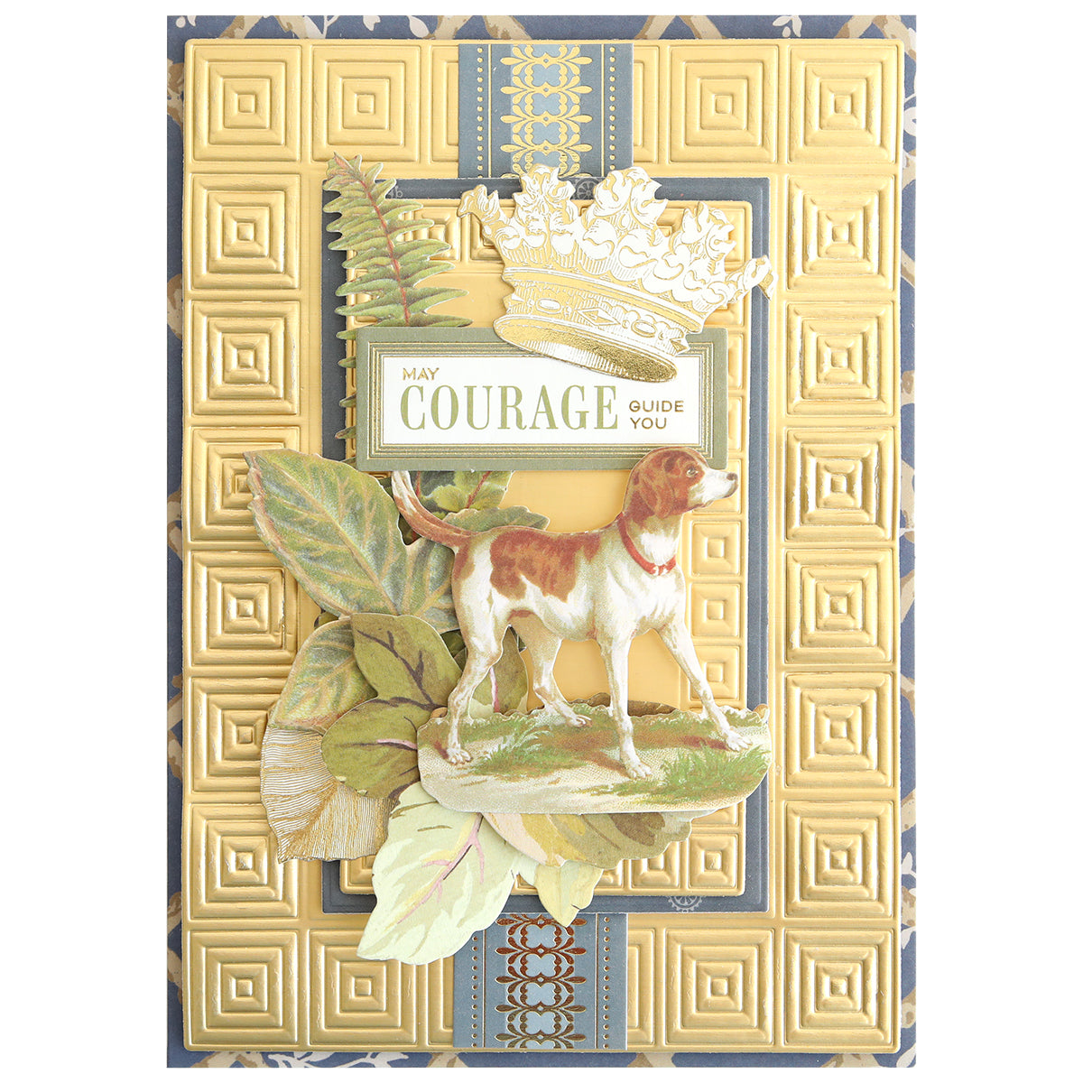 Timeless Border Stickers feature gold embossed geometric patterns, a crown, dog illustration, foliage, and "May Courage Guide You"—ideal for scrapbooks or adding elegant decorative borders to your projects.