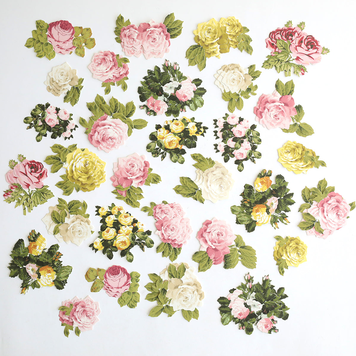 Rose Die Cut Embellishments feature vintage-style pink, yellow, and white roses with green leaves on a white background—ideal for scrapbooking, card making, or adding elegant floral touches to your crafts.