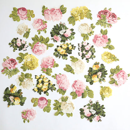 Rose Die Cut Embellishments feature vintage-style pink, yellow, and white roses with green leaves on a white background—ideal for scrapbooking, card making, or adding elegant floral touches to your crafts.