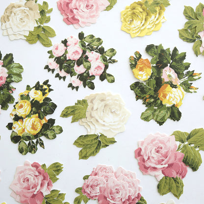 Rose Die Cut Embellishments feature assorted clusters of pink, white, and yellow roses with green leaves on a white background—ideal for card making or scrapbooking with beautiful rose-themed accents.