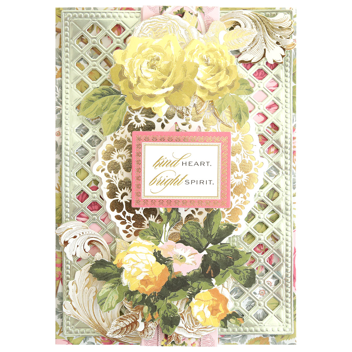 Rose Die Cut Embellishments feature yellow and white flowers, ornate gold details, and "Kind Heart. Bright Spirit." in the center—ideal for scrapbooking or card making projects.