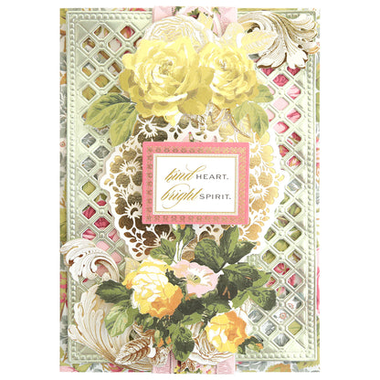 Rose Die Cut Embellishments feature yellow and white flowers, ornate gold details, and "Kind Heart. Bright Spirit." in the center—ideal for scrapbooking or card making projects.