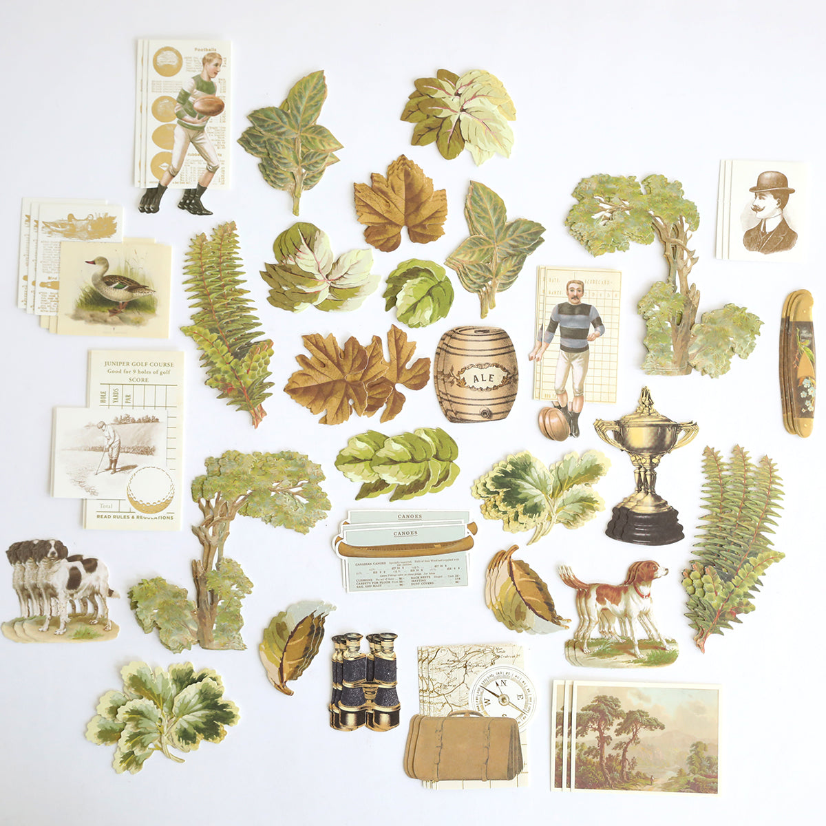 Jack Double Sided Cardstock and Embellishments features a variety of vintage-style die cut designs—including leaves, animals, trophies, sports figures, binoculars, and nature-themed illustrations—beautifully arranged on a white background. Perfect for enhancing scrapbook pages or creative projects with its double sided cardstock and coordinating embellishments.