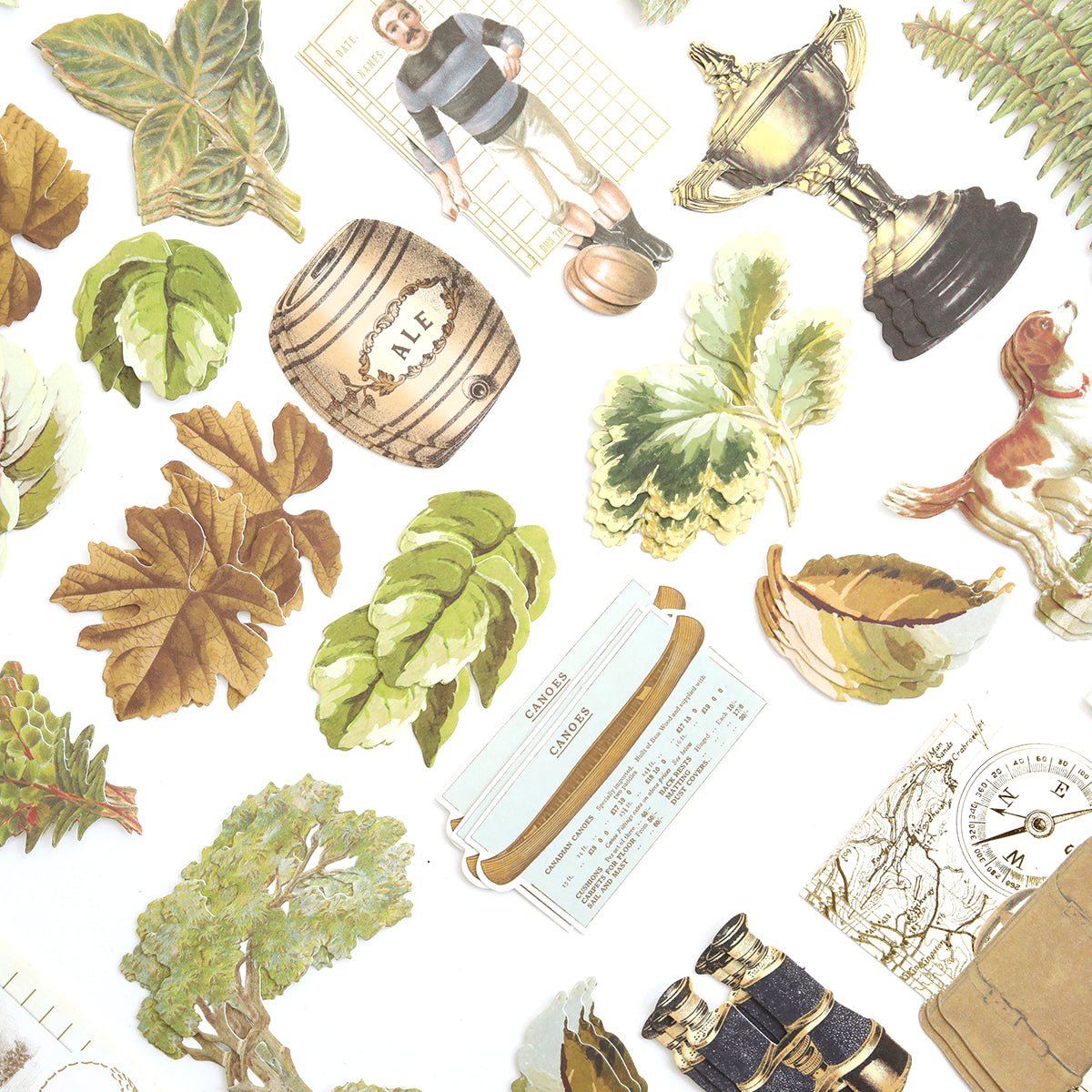 Jack Die Cut Embellishments: Vintage-style die cuts featuring leaves, a football player, trophy, dog, barrel, binoculars, compass, tickets, and trees. Ideal for handmade crafts and DIY projects. Displayed on a white background.