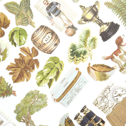Jack Die Cut Embellishments: Vintage-style die cuts featuring leaves, a football player, trophy, dog, barrel, binoculars, compass, tickets, and trees. Ideal for handmade crafts and DIY projects. Displayed on a white background.