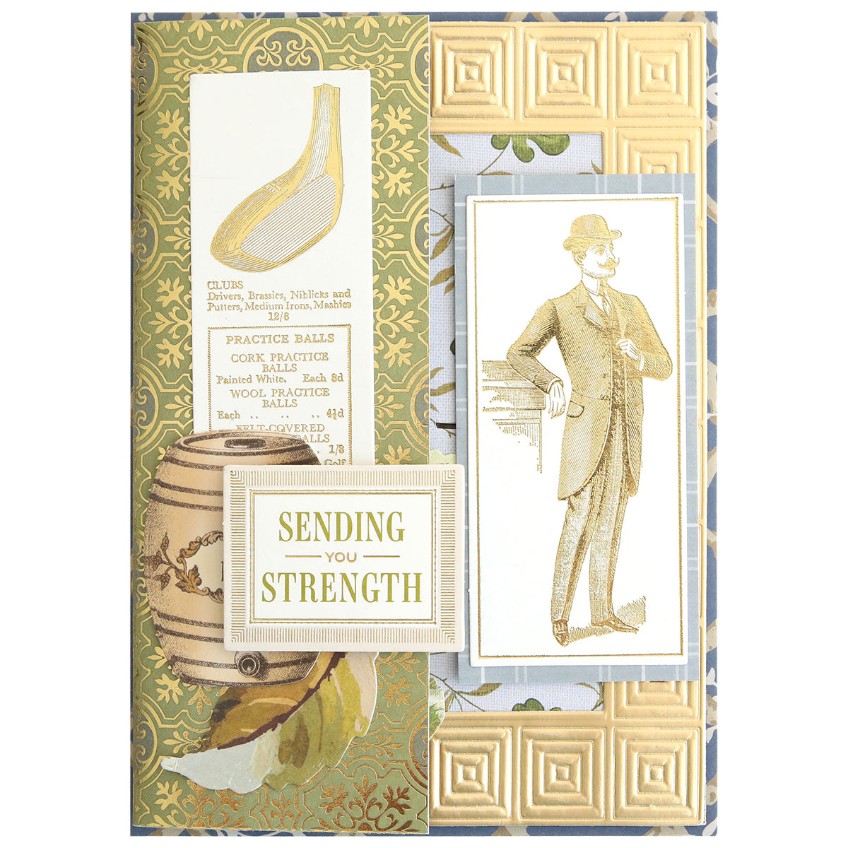 Jack Double Sided Cardstock and Embellishments features vintage illustrations of a man in a suit, sports equipment, and ornate patterns, printed on double sided cardstock with the sentiment “Sending You Strength” on the front.