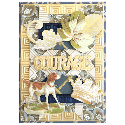 Introducing “Jack Double Sided Cardstock and Embellishments”—a decorative card featuring the word “COURAGE” with a charming dog, regal crown, leafy accents, and elegant gold and blue patterns. Perfect for scrapbook pages or as a unique die cut embellishment crafted from durable double sided cardstock.
