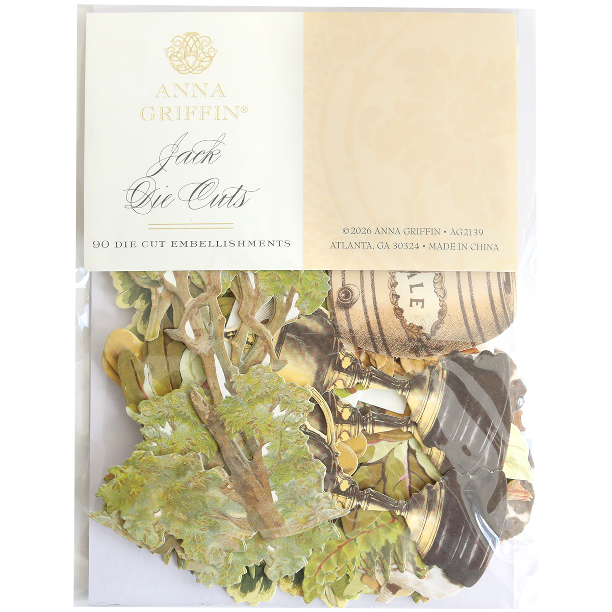 A package of Jack Die Cut Embellishments featuring 90 vintage paper designs, visible through clear packaging—ideal for adding stylish accents to handmade crafts.