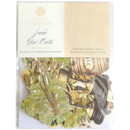 A package of Jack Die Cut Embellishments featuring 90 vintage paper designs, visible through clear packaging—ideal for adding stylish accents to handmade crafts.
