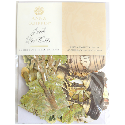 A package of Jack Die Cut Embellishments featuring 90 vintage paper designs, visible through clear packaging—ideal for adding stylish accents to handmade crafts.