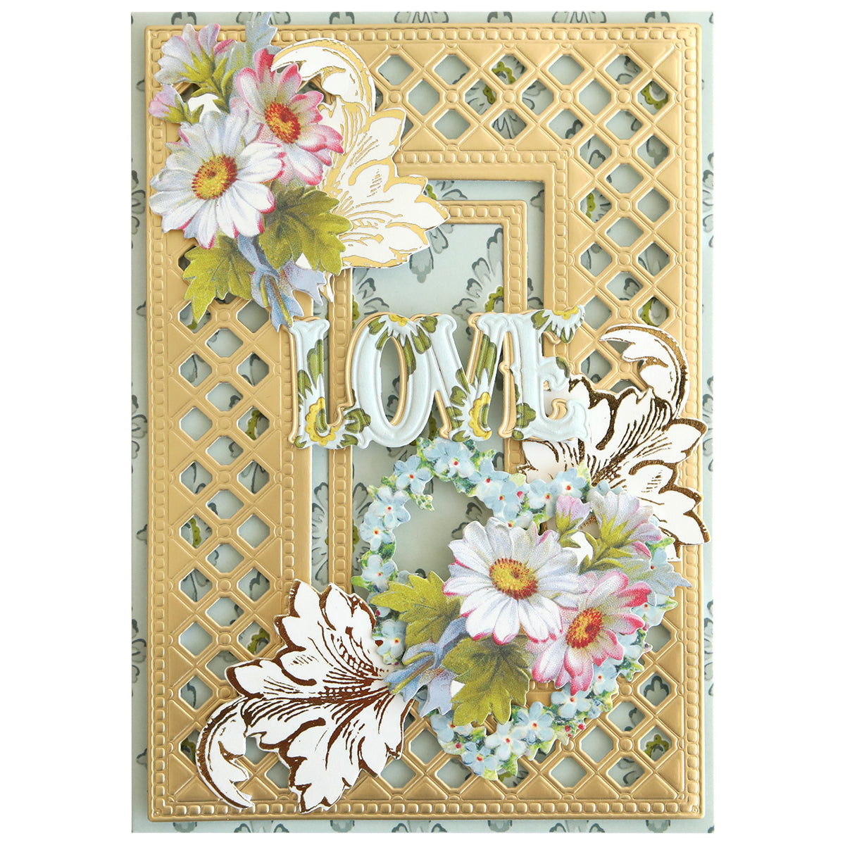 Charlie Die Cut Embellishments feature a gold lattice design with white and pink flowers, green leaves, and "LOVE" in raised letters—an ideal addition for anyone seeking unique scrapbook embellishments.