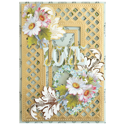 Charlie Die Cut Embellishments feature a gold lattice design with white and pink flowers, green leaves, and "LOVE" in raised letters—an ideal addition for anyone seeking unique scrapbook embellishments.
