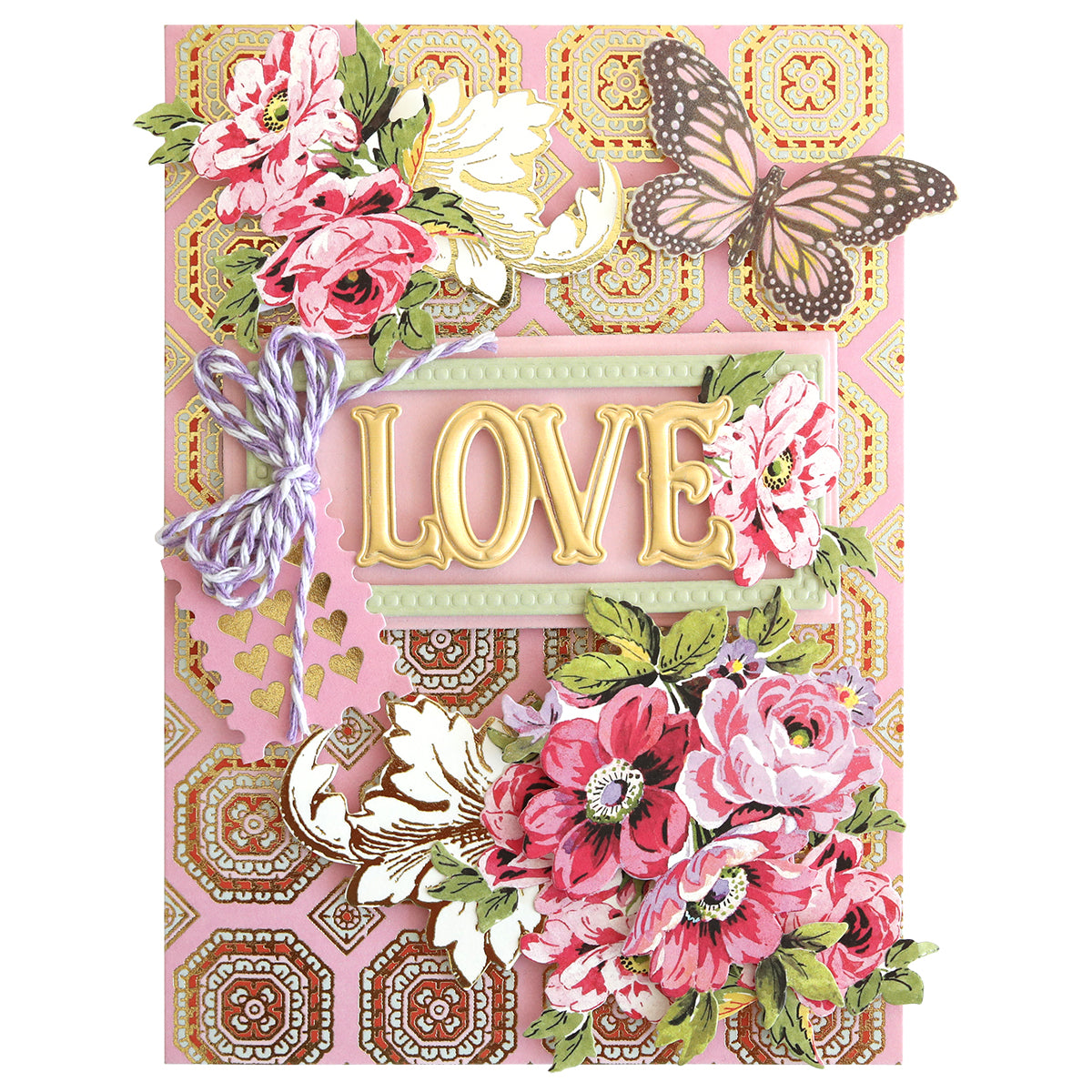 Add the Charlie Die Cut Embellishments—a decorative card featuring "LOVE" in gold letters, pink flowers, gold accents, a butterfly, and a purple-white bow on a pink background—to your scrapbook embellishments collection.