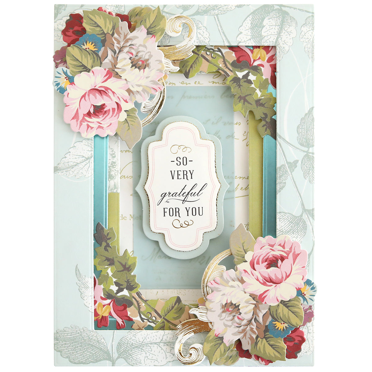A decorative greeting card featuring layered floral designs made with the Concentric Shape Dies Bundle (all 4 sets) and the message "So very grateful for you" in the center.