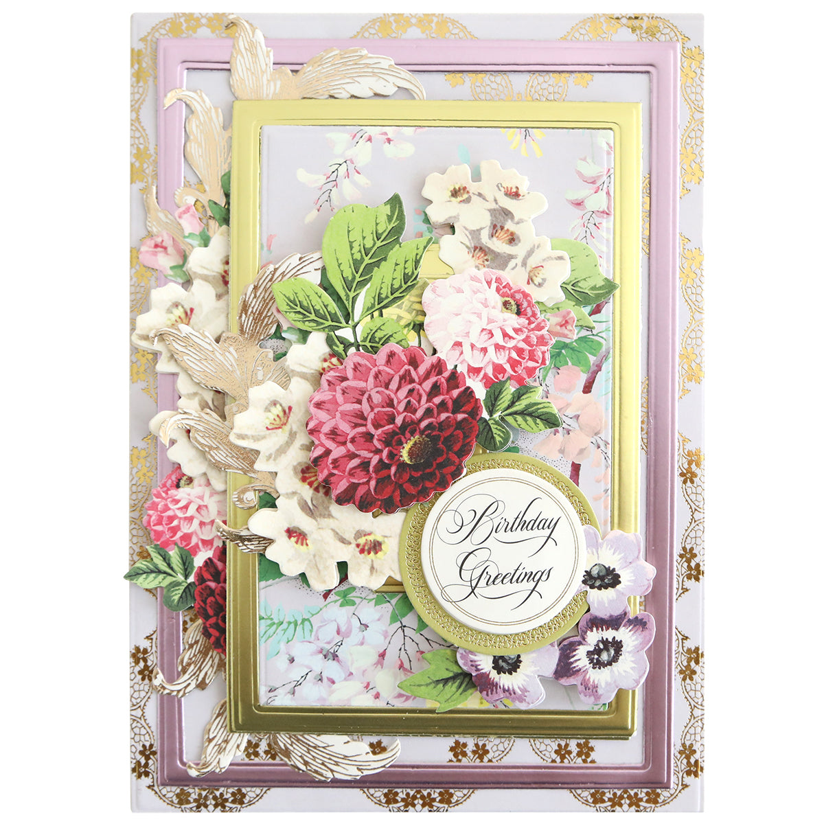 A decorative birthday card made with Concentric Rectangle Dies, featuring layered pink, white, and red flowers with gold accents and "Birthday Greetings" in a circular frame—perfect for card making or scrapbooking.