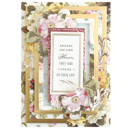 A floral-themed greeting card made with Concentric Rectangle Dies, featuring layered frames and the sentiment: "Friends are like flowers, they add color to your life." Great for card making or scrapbooking.