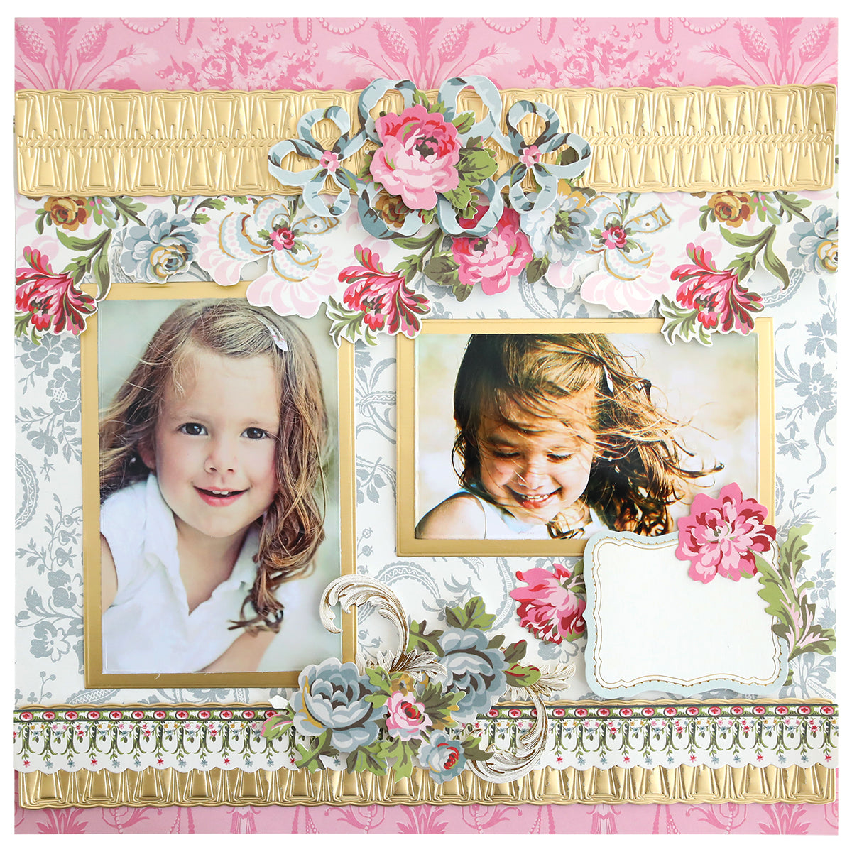 Scrapbook page features two framed photos of a young girl, decorated with pink and gold florals and crafted using Concentric Rectangle Dies—ideal for scrapbooking or card making. An empty label area is on the right.